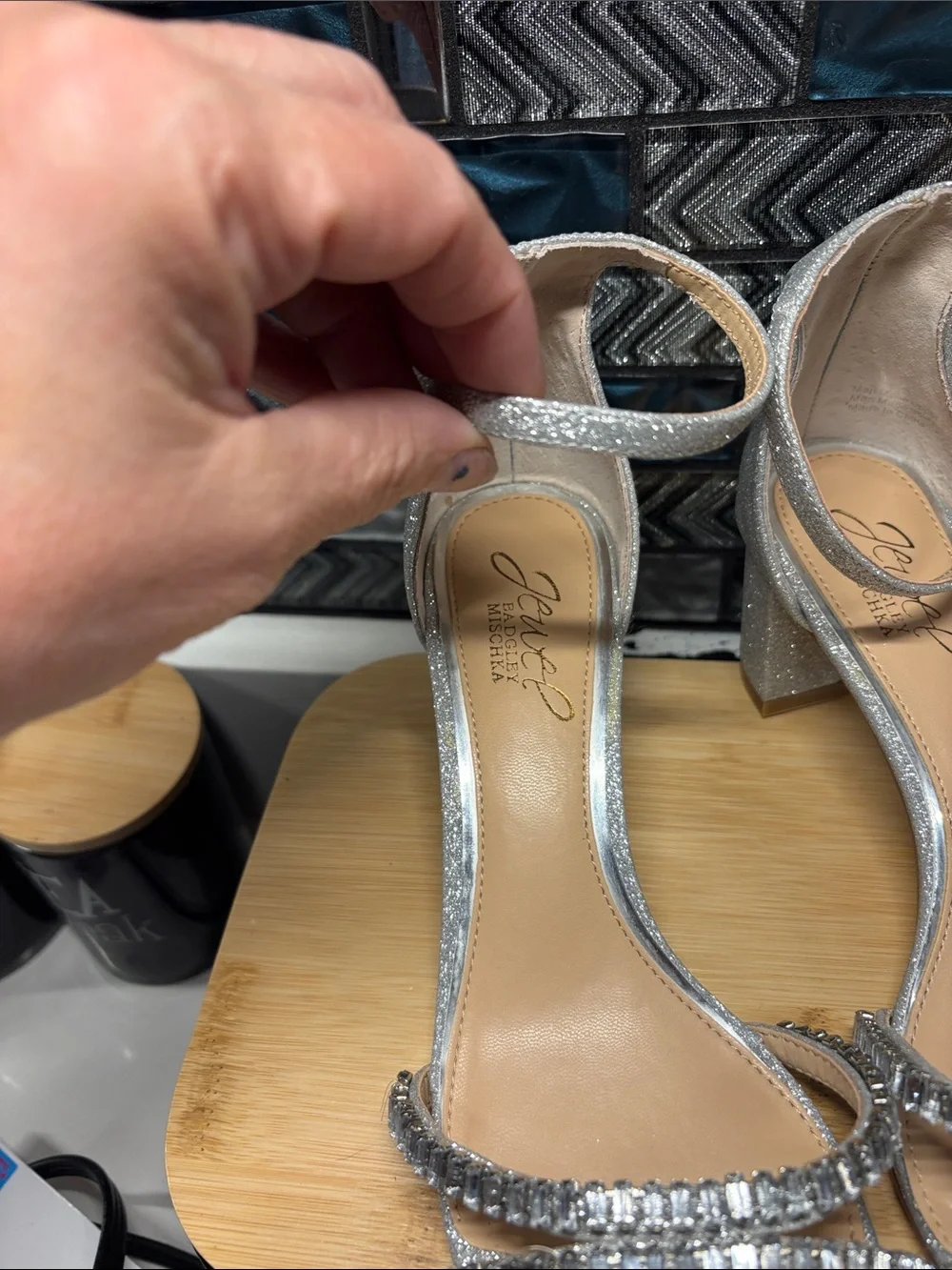Jewel Badgley Mischka Silver Glitter Crystal-Strap Block Heel Sandals